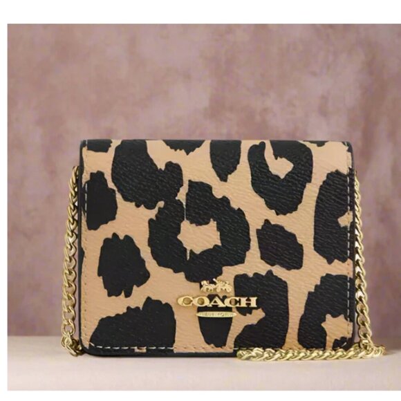 Coach CX151 Mini Wallet On Chain Crossbody Leopard Print Coated Canvas w/ Origin - Picture 1 of 11